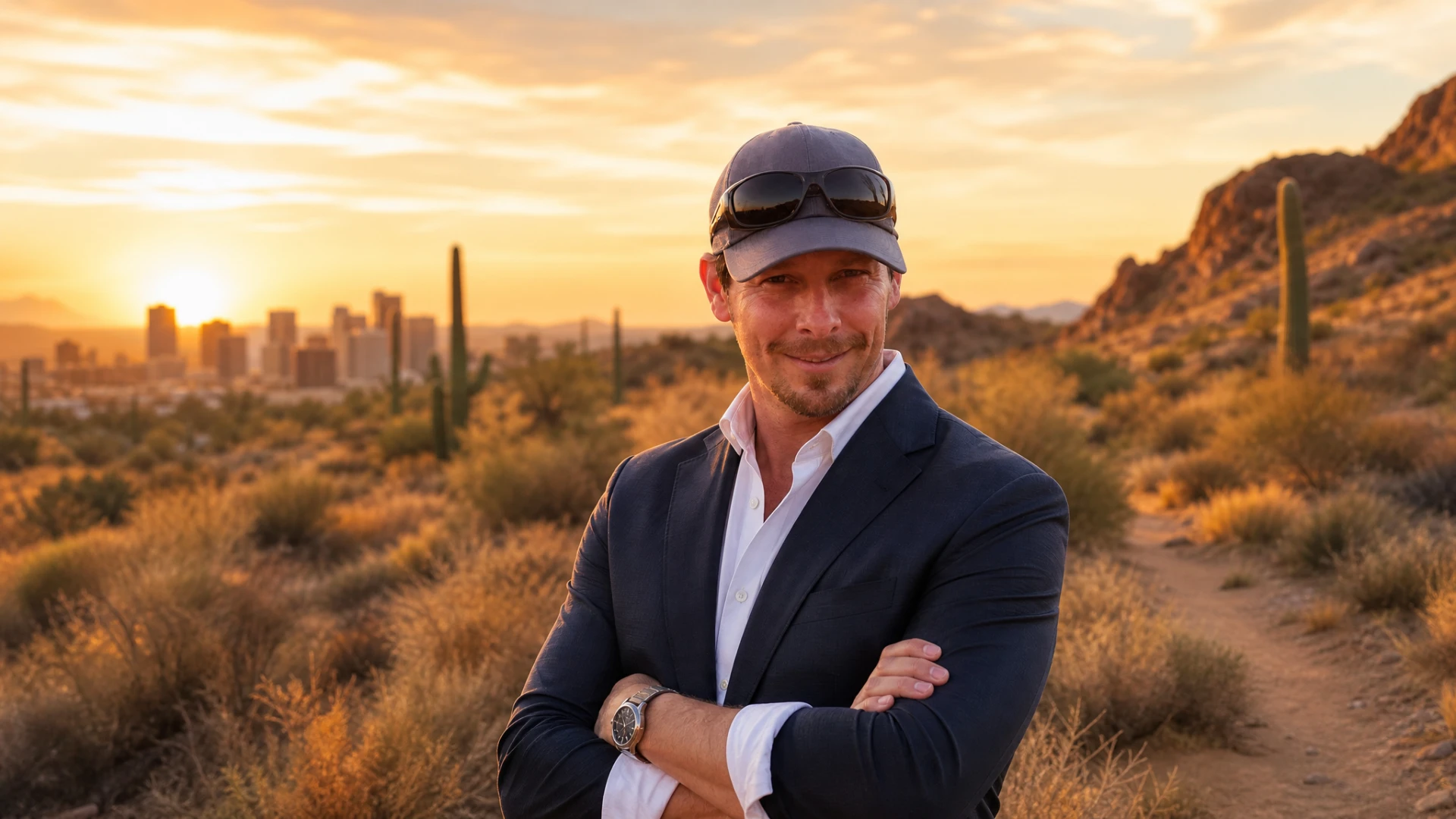Adam Bossin standing in the Sonoran desert at sunset with the Phoenix skyline behind him