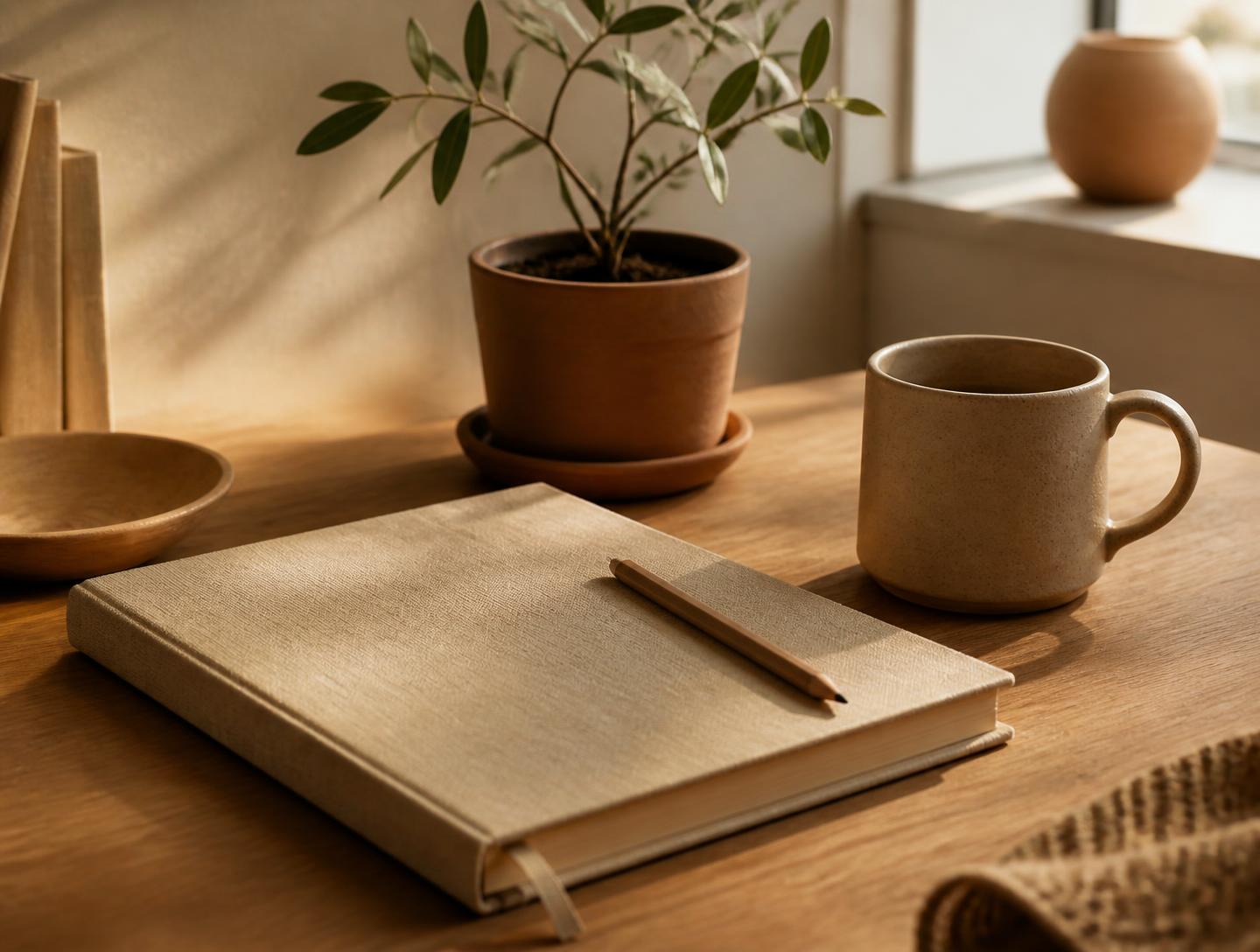 A linen notebook, pencil and ceramic mug in warm window light